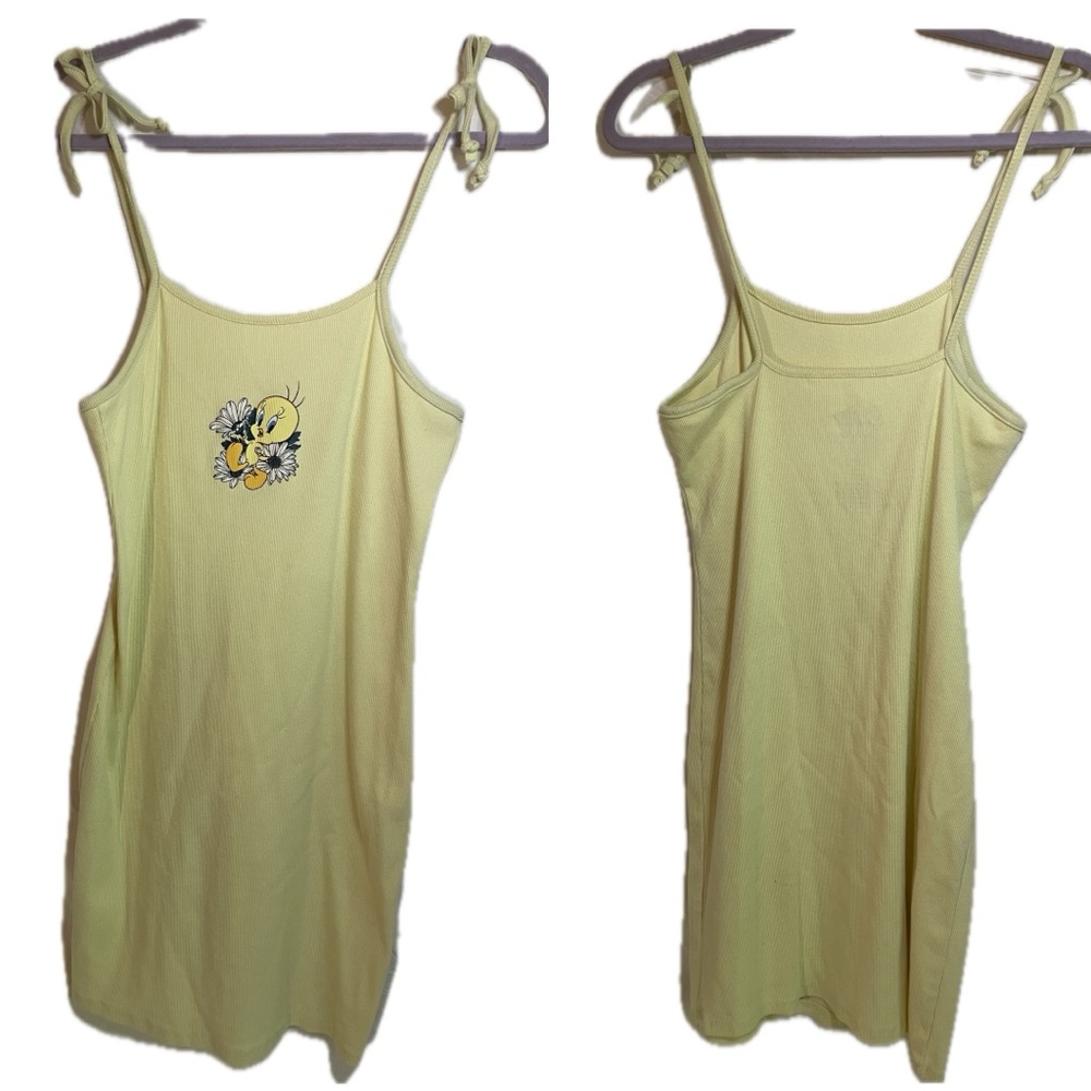 Looney Tunes Tweetie Bird Bodycon Dress Ribbed Knit Shoulder Tie Women’s Large